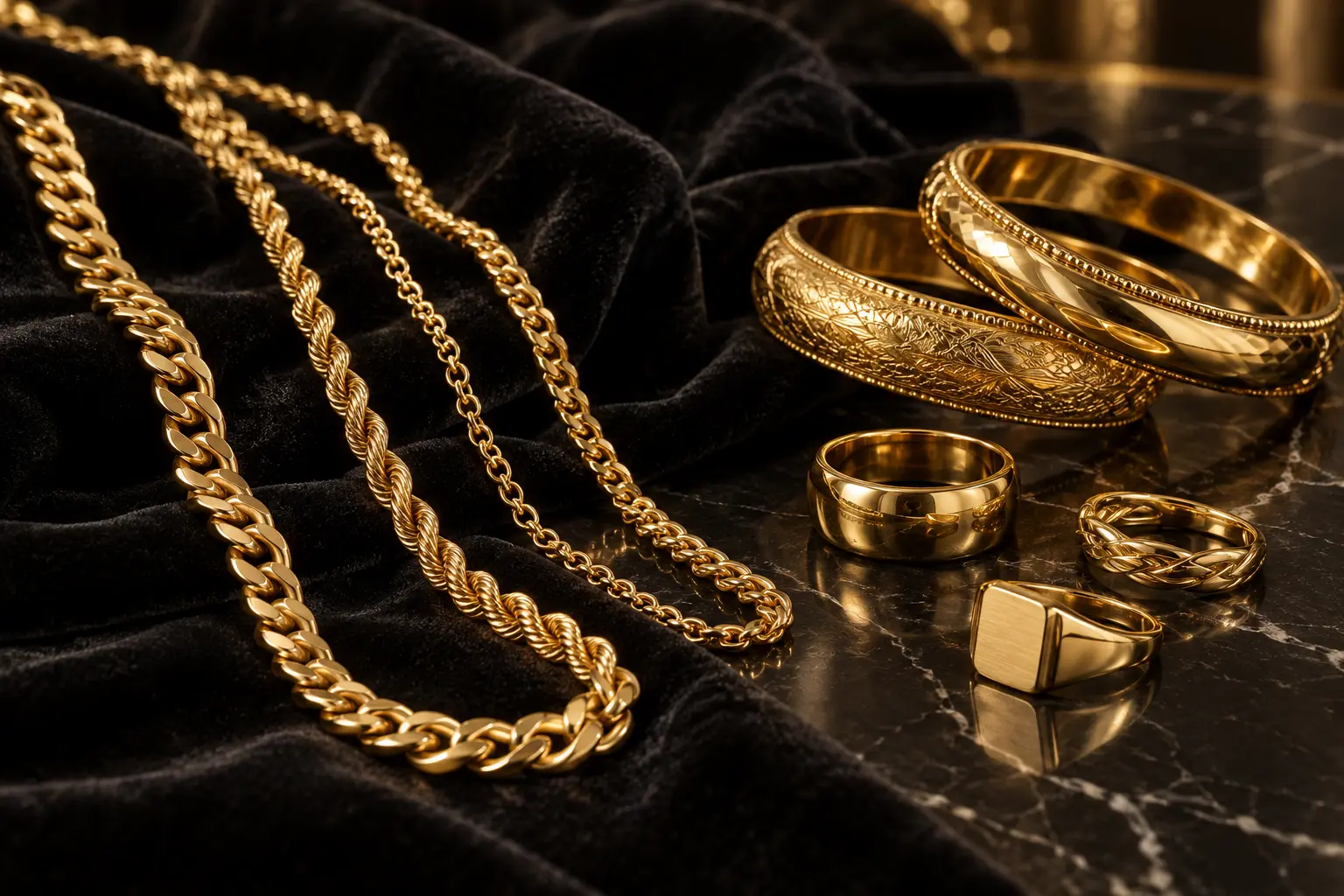 Gold chains, bangles and rings arranged on black velvet